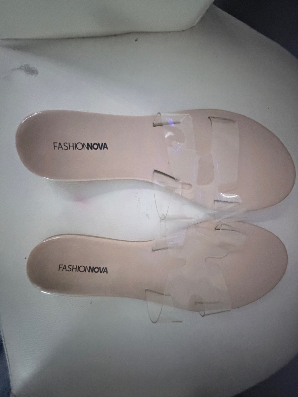 Fashion Nova Clear Strap Beige Slide Sandals